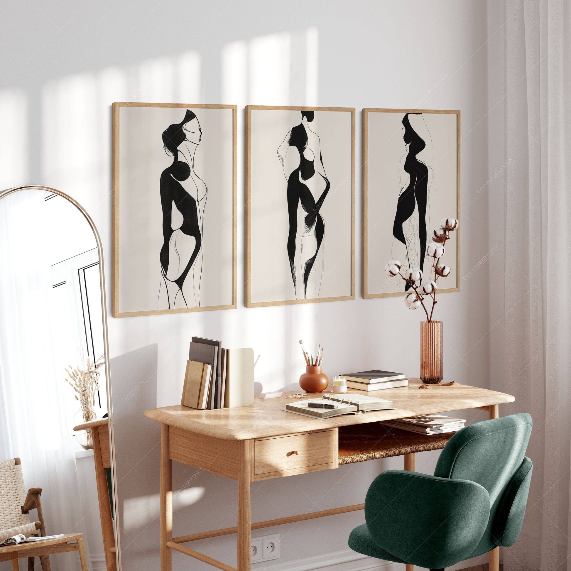 Minimalist Female Figure Line Art Set of 3 Prints – Modern Wall Decor