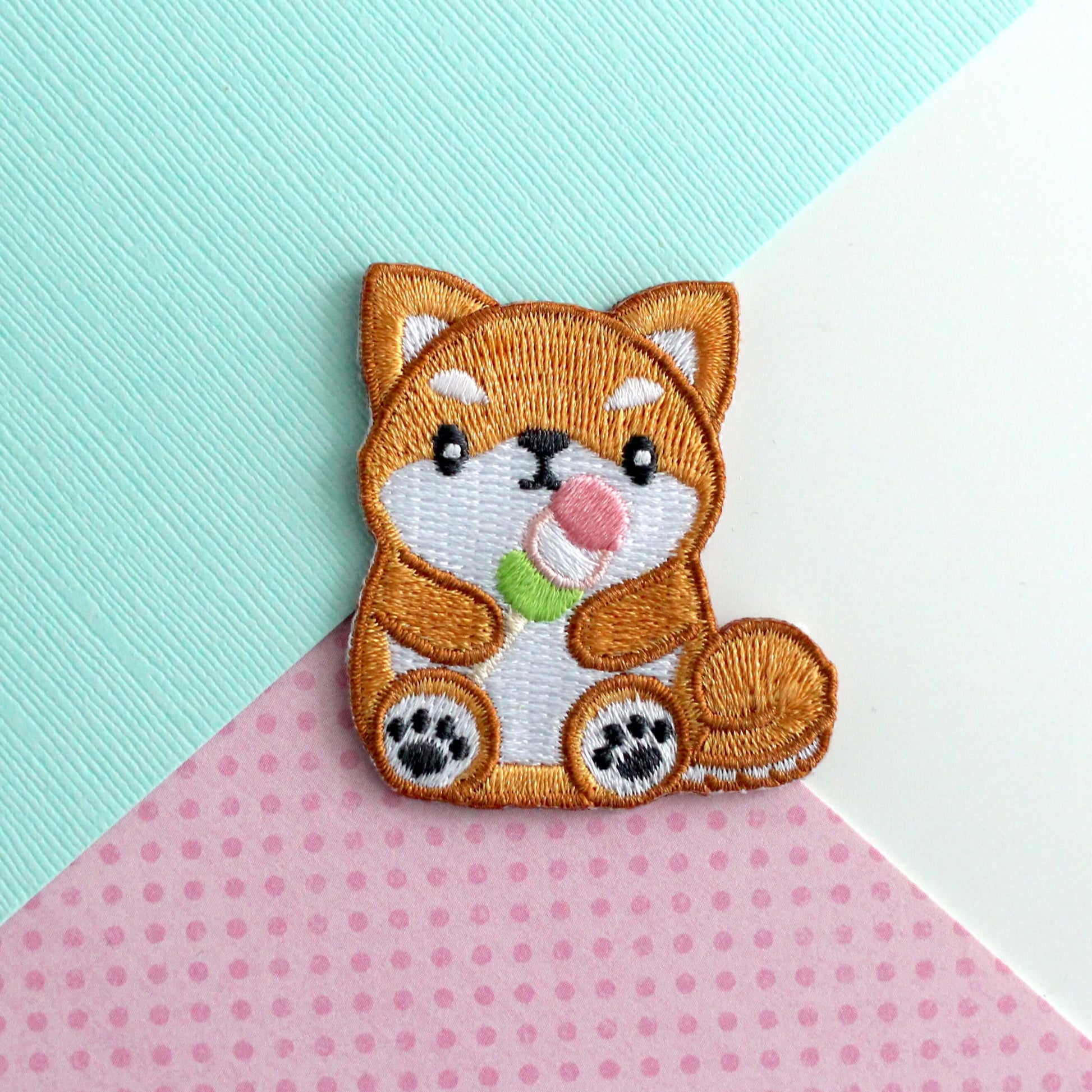 Shiba Inu holding Dango Embroidered Patch. Dog Iron-On Patch