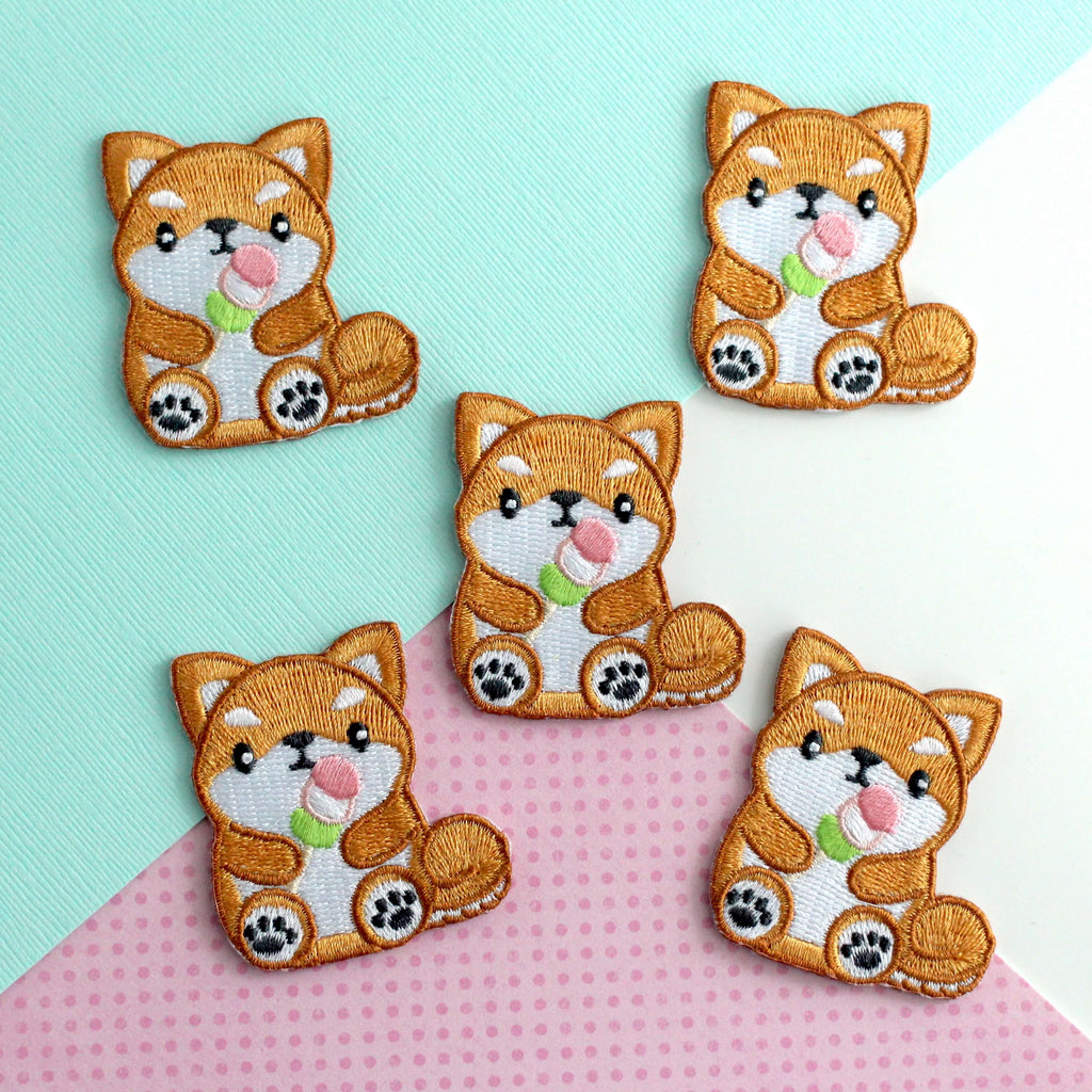 Shiba Inu holding Dango Embroidered Patch. Dog Iron-On Patch