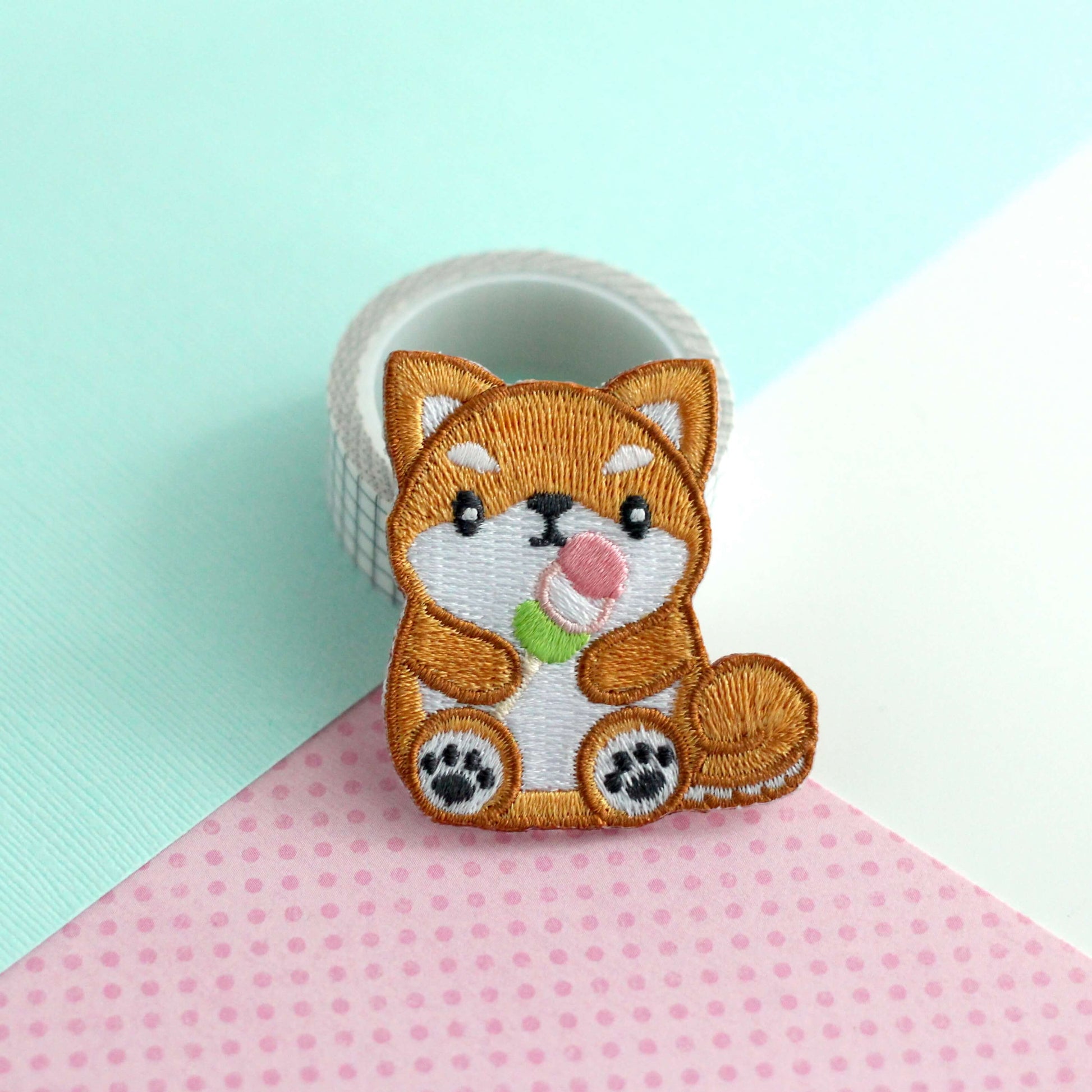 Shiba Inu holding Dango Embroidered Patch. Dog Iron-On Patch