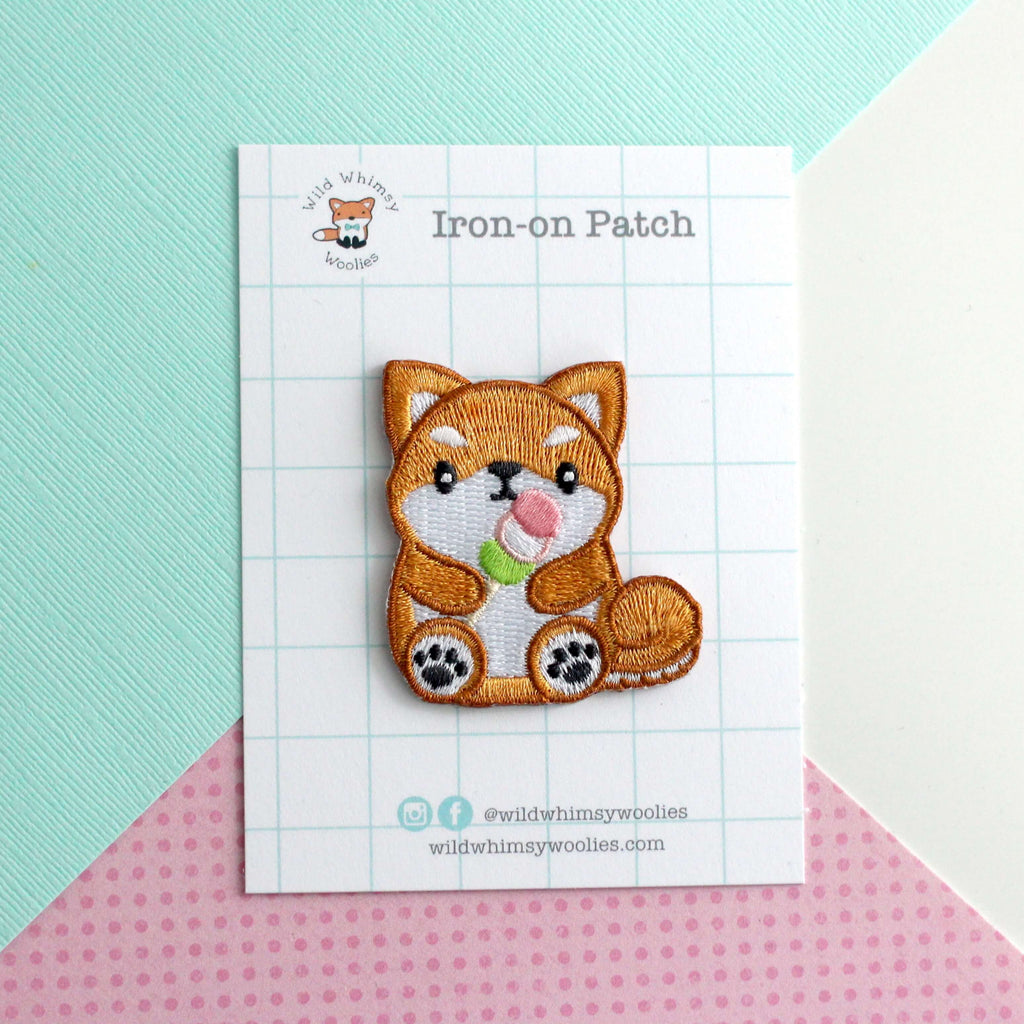 Shiba Inu holding Dango Embroidered Patch. Dog Iron-On Patch
