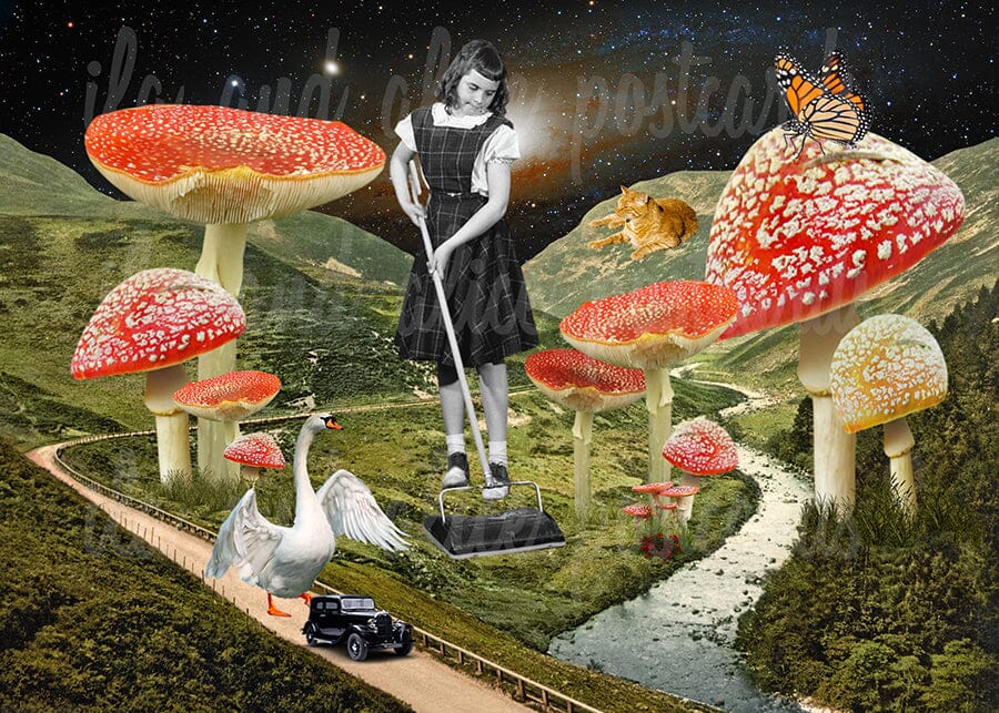 Red & White Sci-Fi Mushroom Collage Art Postcards