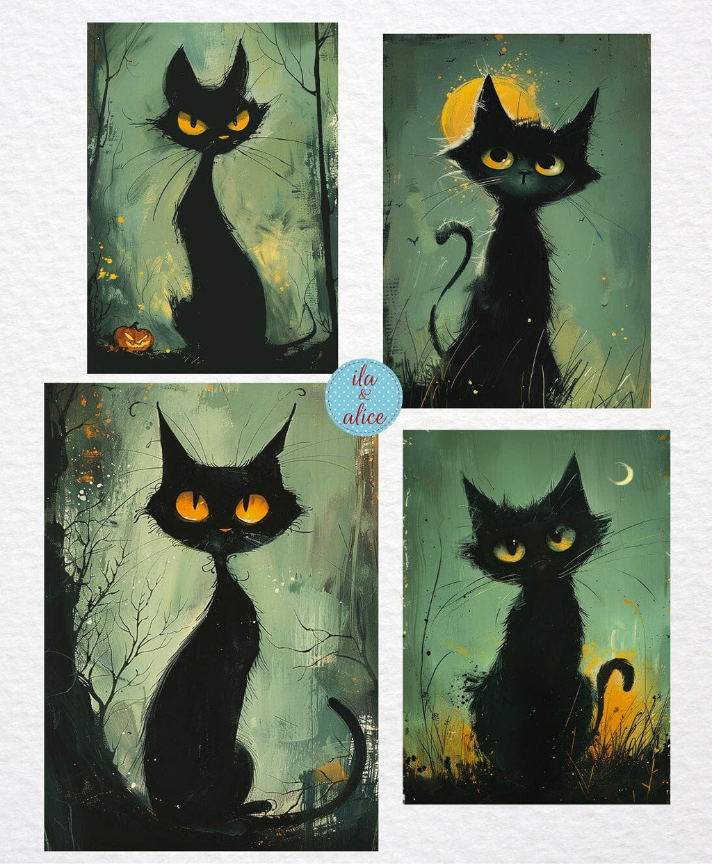 Cartes postales d'Halloween avec des chats noirs mignons et originaux