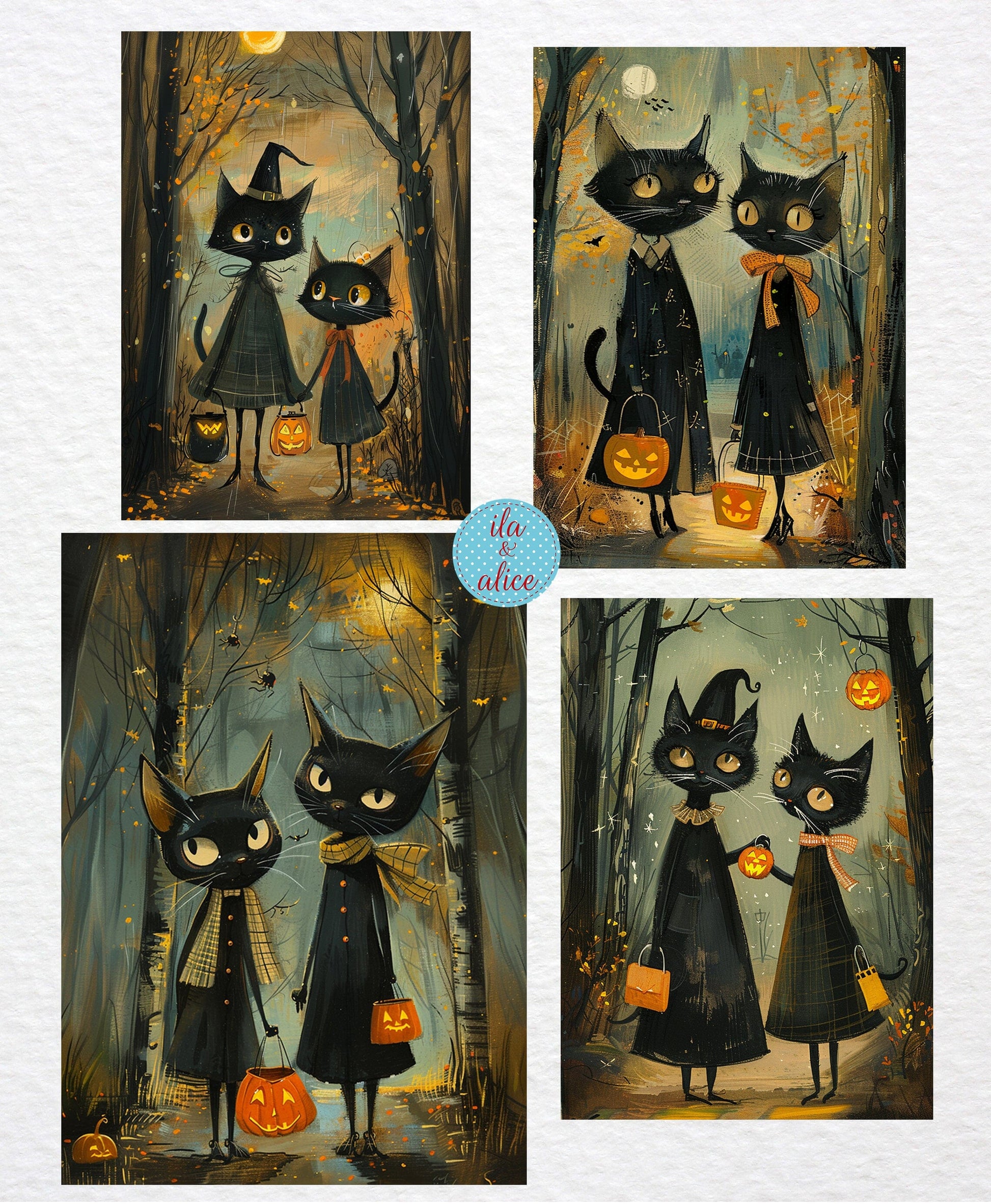 Black Cats Going Trick or Treating Halloween Postcards