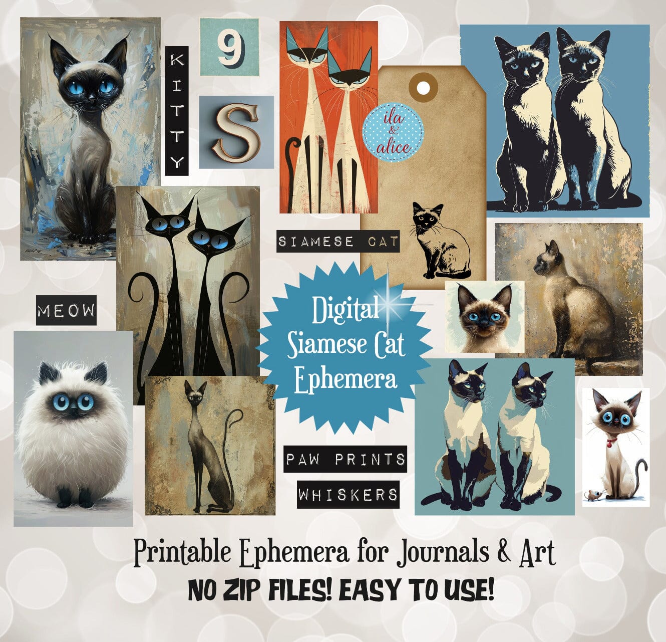 Digital Siamese Cat Junk Journal Ephemera
