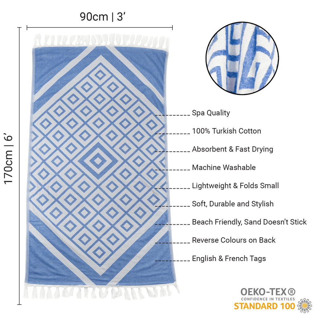 Everyday Luxury Turkish Body Towel in Blue & White Geometric Diamonds
