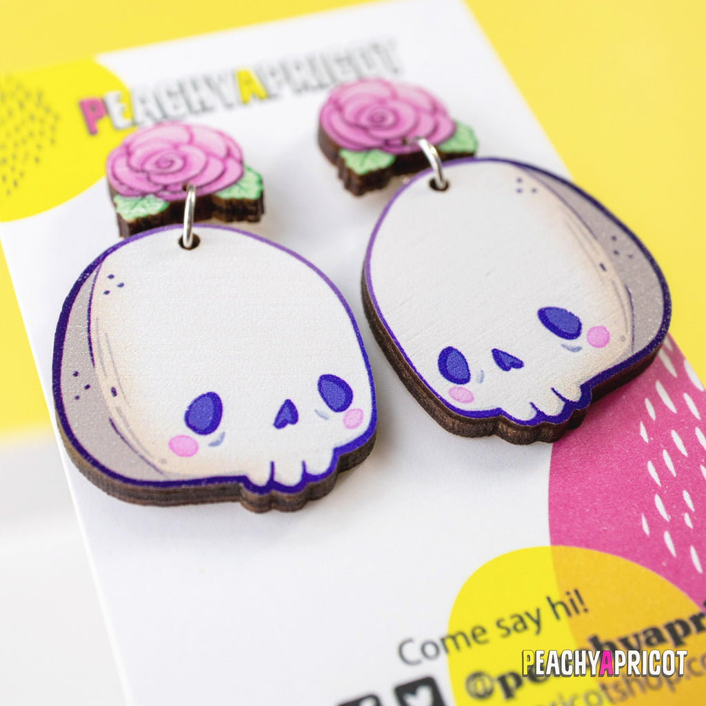 Boucles d'oreilles pendantes gothiques kawaii avec tête de mort et rose