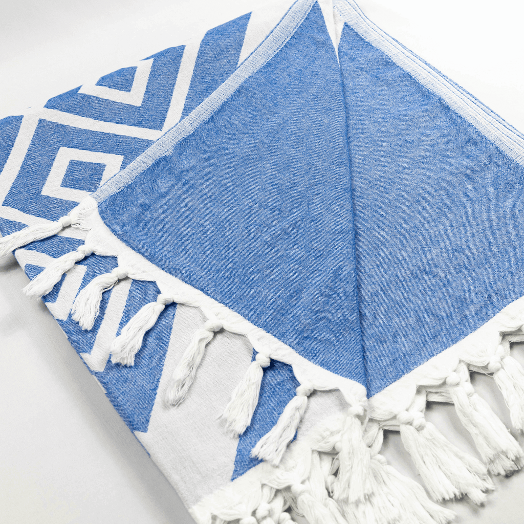 Everyday Luxury Turkish Body Towel in Blue & White Geometric Diamonds