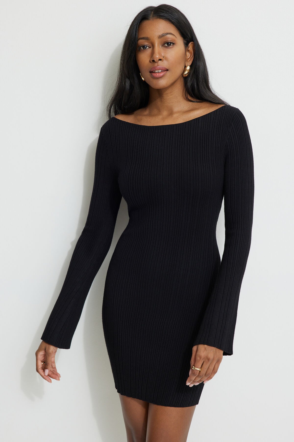 Ribbed Boat Neck Mini Sweater Dress