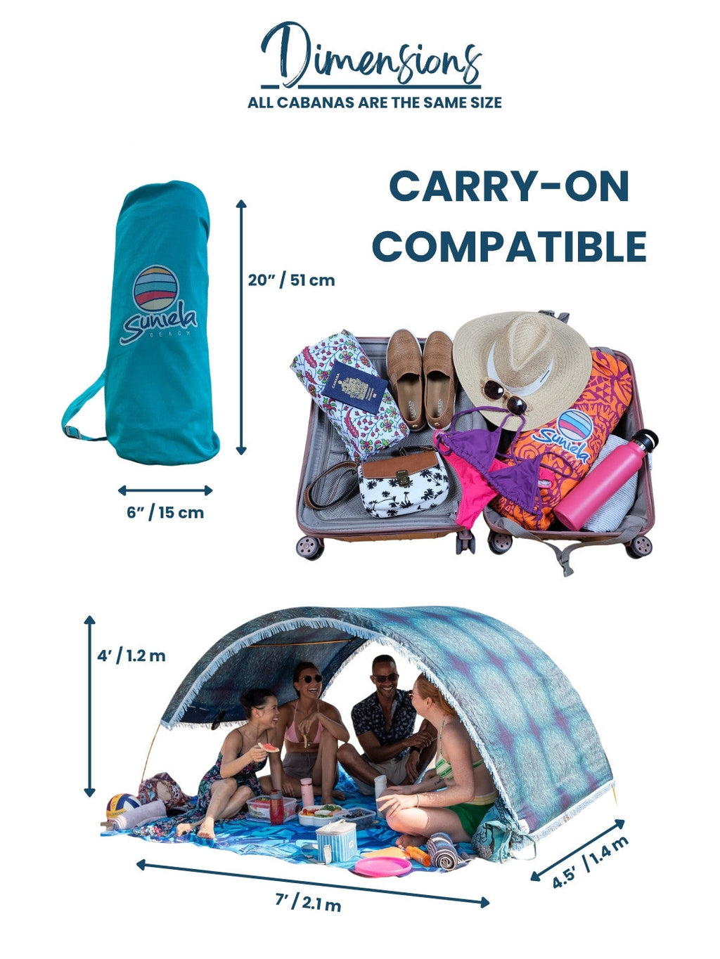 Dimensions of Suniela Beach portable shade cabana in carry on suitcase