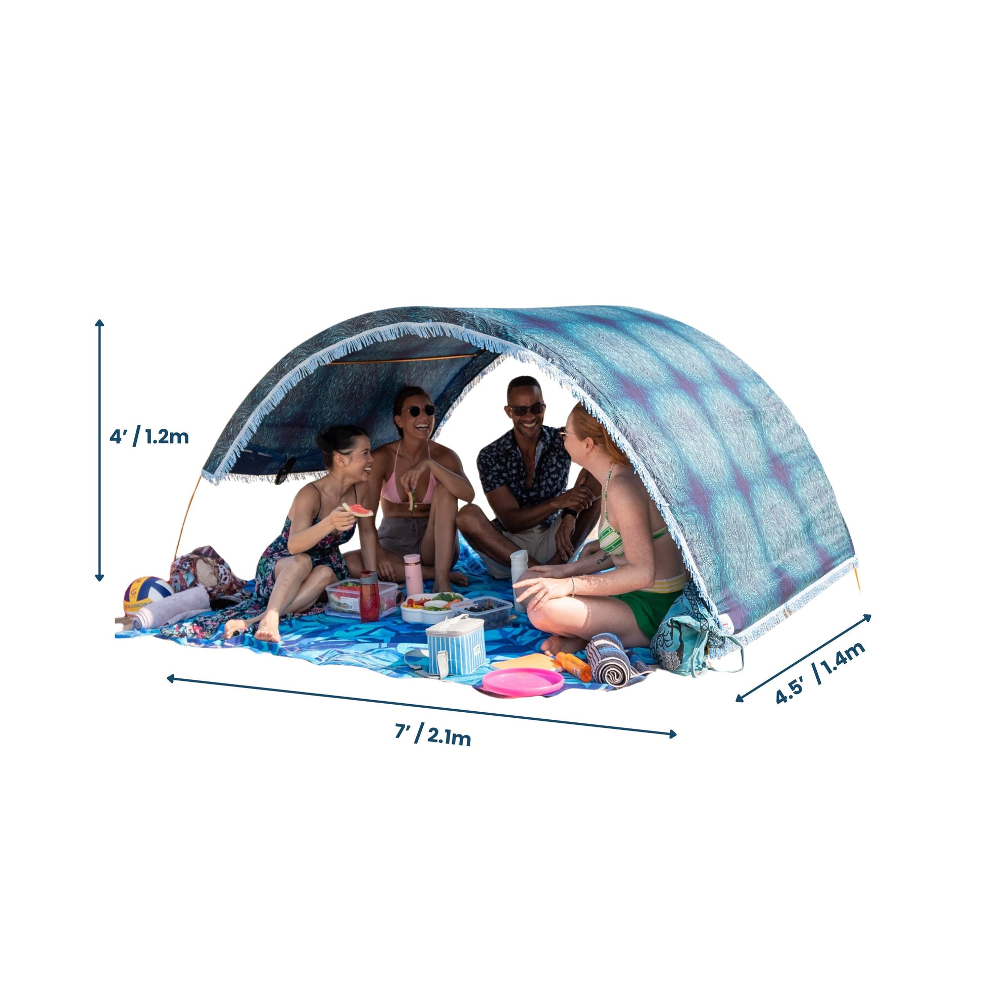 Suniela portable beach cabana with Ocean Waves cotton canopy shown with dimensions, seating a group on a white background