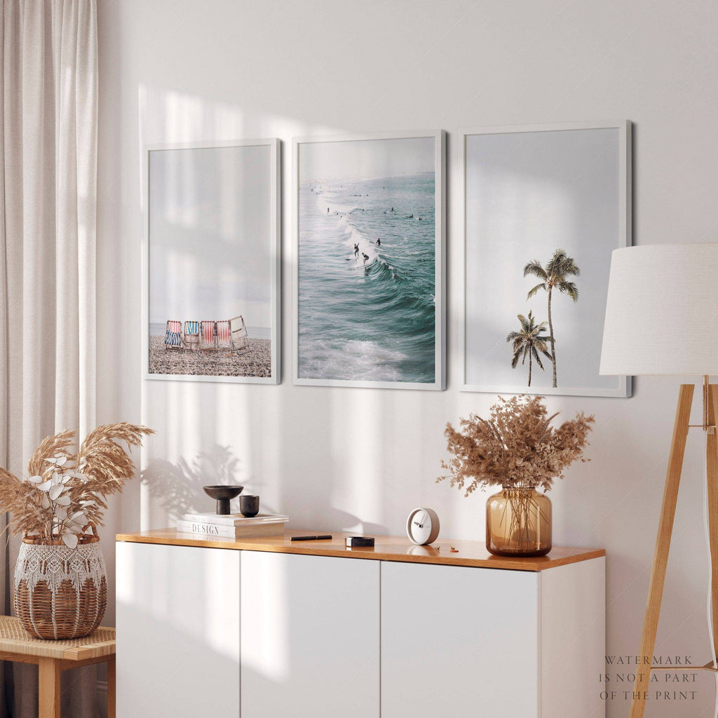 Coastal Beach Photography Set of 3 Prints – Surf Palm Tree Wall Art