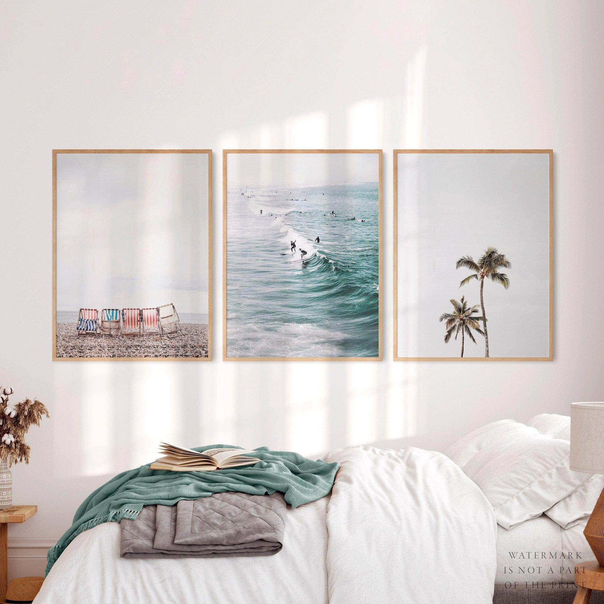 Coastal Beach Photography Set of 3 Prints – Surf Palm Tree Wall Art