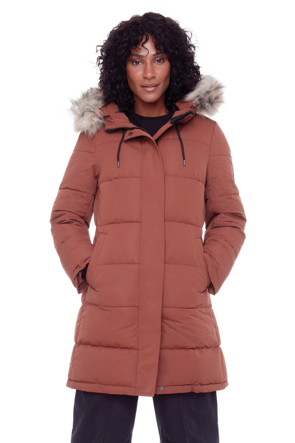 AULAVIK | WOMEN'S VEGAN DOWN (RECYCLED) MID-LENGTH HOODED PARKA COAT, MAPLE