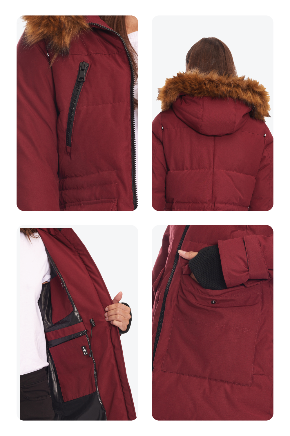 UKON | PARKA À CORDON DE SERRAGE EN DUVET VÉGAN POUR FEMME (RECYCLÉE), OXBLOOD