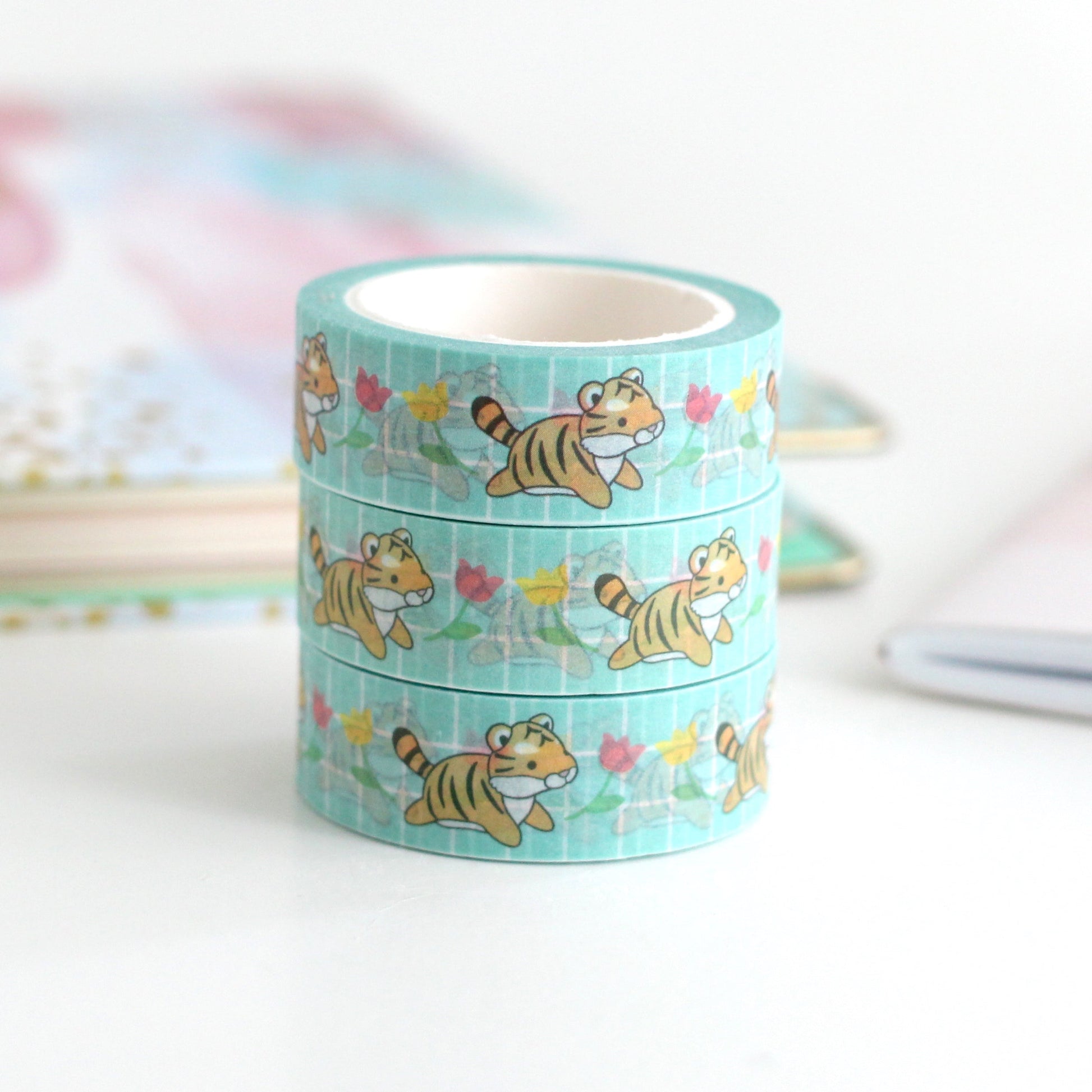 Leaping Tiger Washi Tape - Turquoise Grid Washi - Tiger Stationery