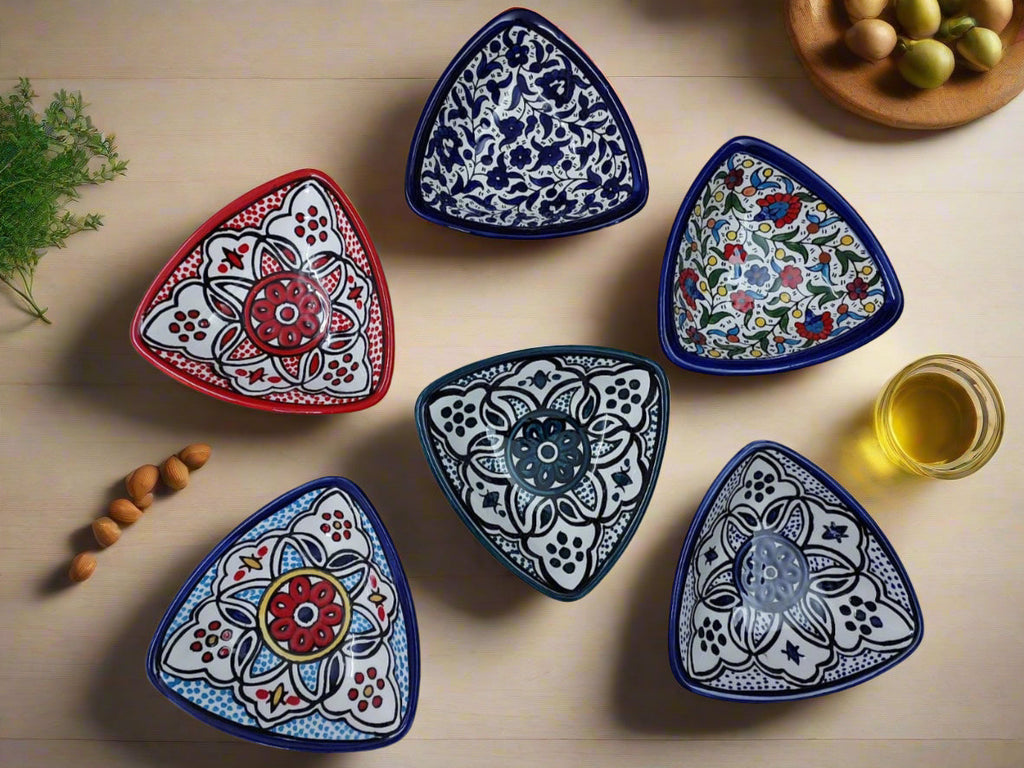 Handmade Ceramic Triangle Appetizer Plate – 7” Serving Dish | Moroccan & Floral Patterns