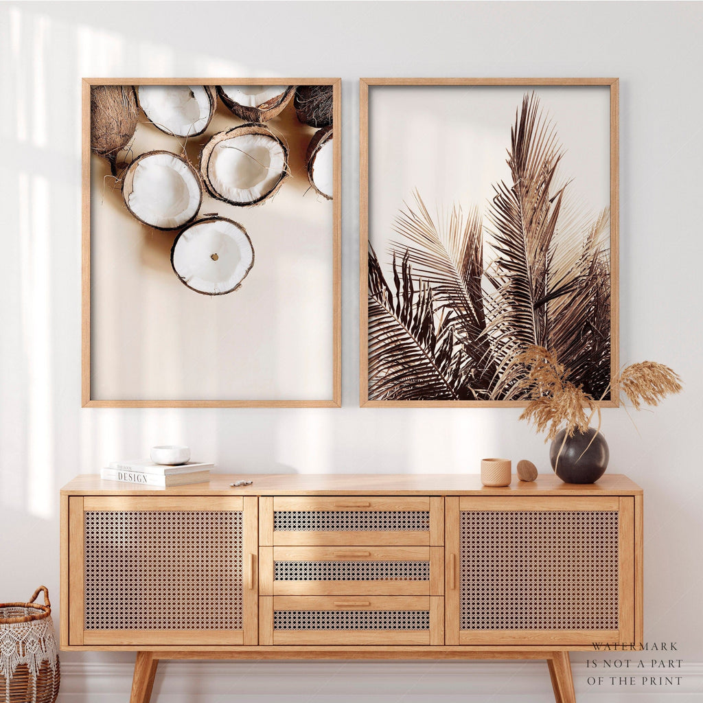 Tropical Coconut & Palm Leaf Print Set – Boho Coastal Wall Art Decor