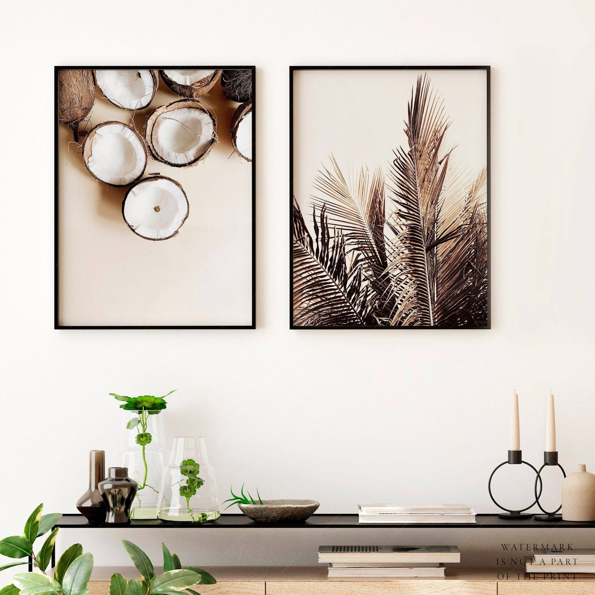 Tropical Coconut & Palm Leaf Print Set – Boho Coastal Wall Art Decor