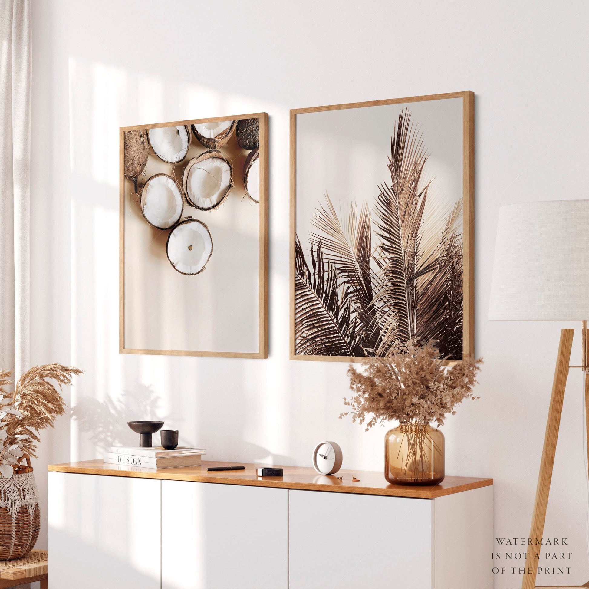 Tropical Coconut & Palm Leaf Print Set – Boho Coastal Wall Art Decor