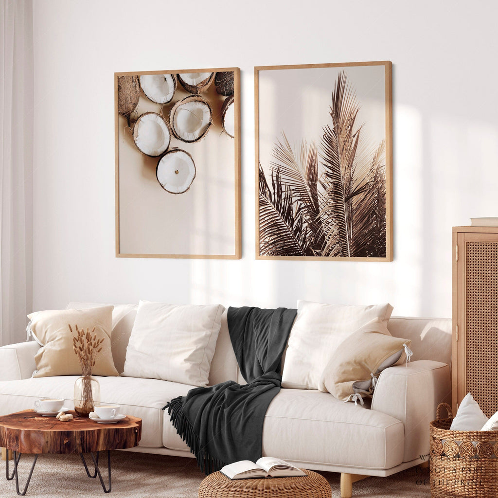 Tropical Coconut & Palm Leaf Print Set – Boho Coastal Wall Art Decor