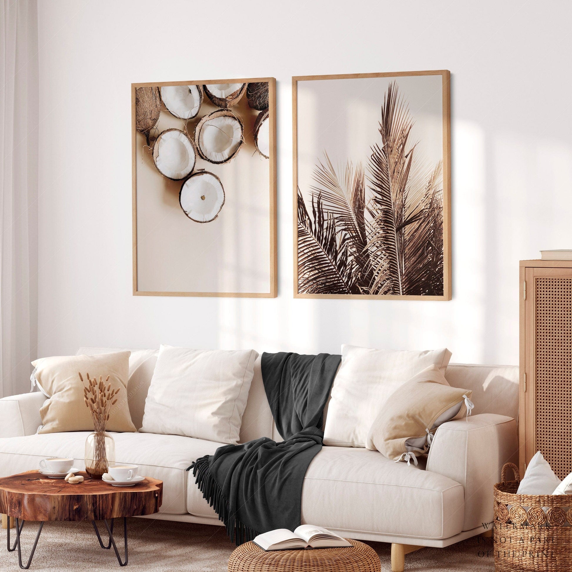 Tropical Coconut & Palm Leaf Print Set – Boho Coastal Wall Art Decor