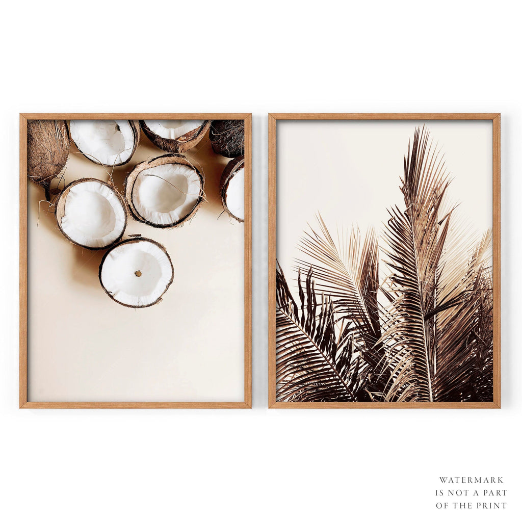 Tropical Coconut & Palm Leaf Print Set – Boho Coastal Wall Art Decor
