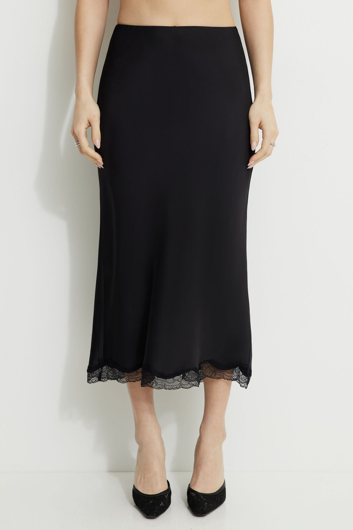 Satin Lace Trim Maxi Slip Skirt