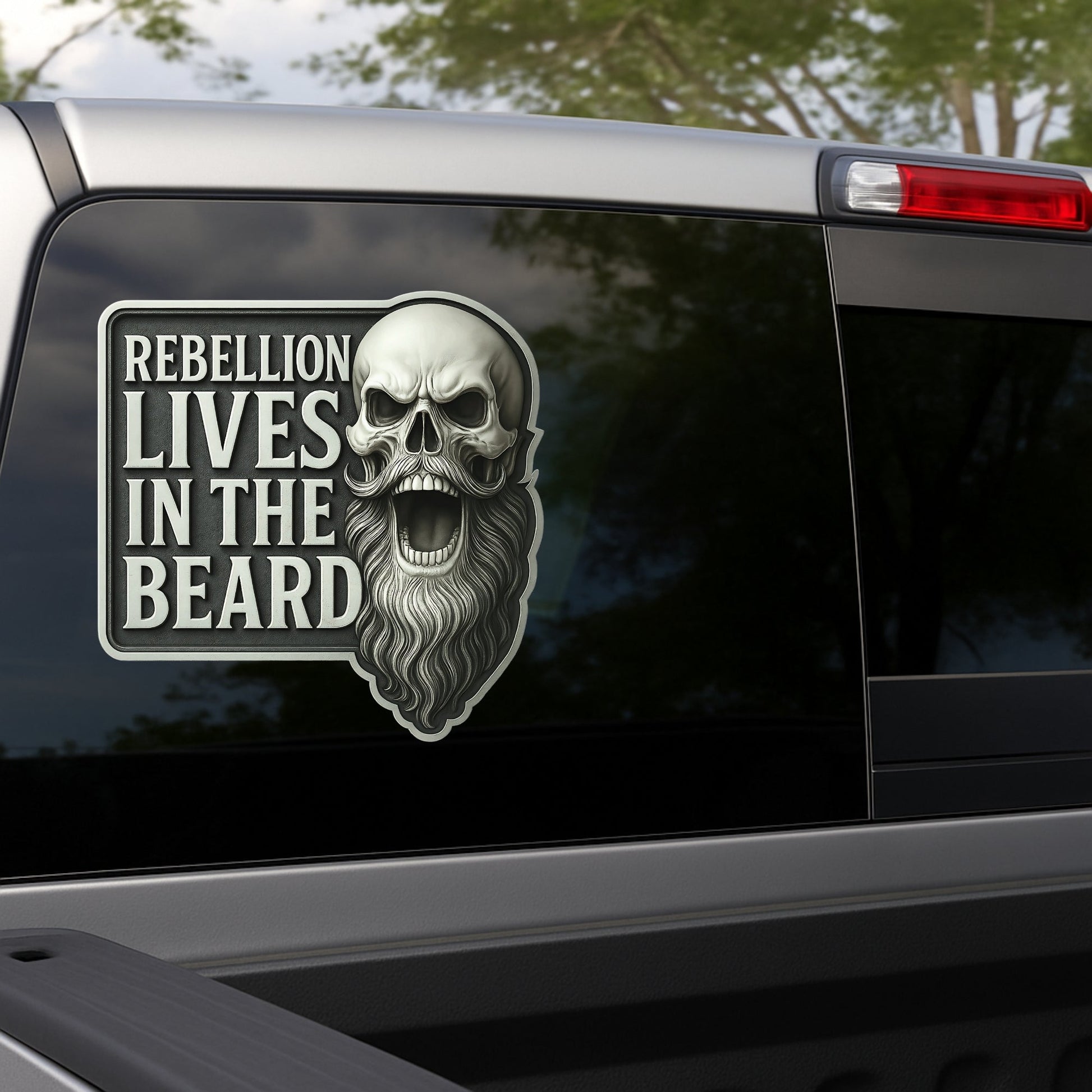 The “Rebellion Lives In The Beard” Decal (10”x10”) – Premium Laminated Vinyl | Die-Cut Skull & Beard Design | Weatherproof Vehicle Sticker | Collector Series