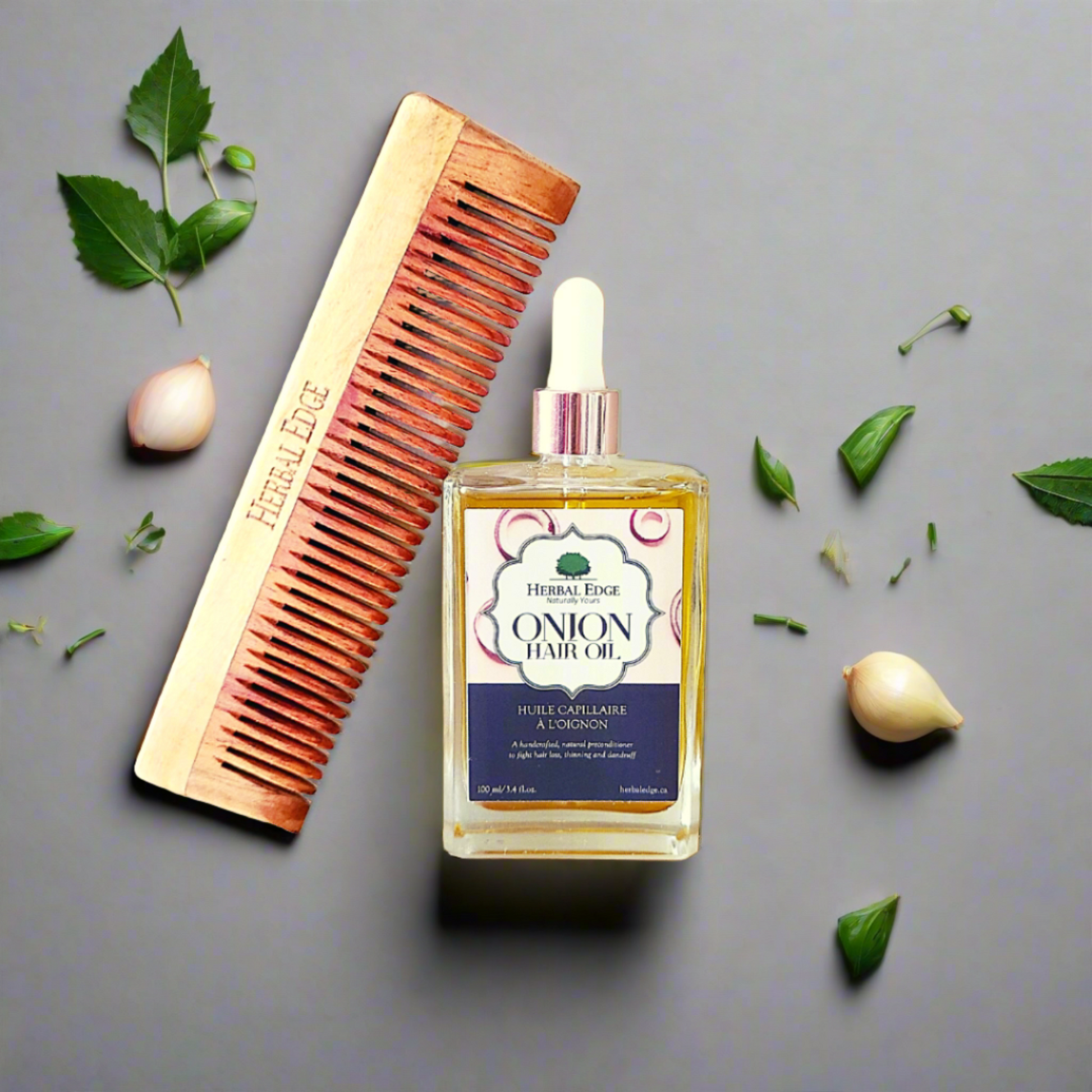 Combinaison d'huile capillaire à l'oignon et de peigne en bois de neem