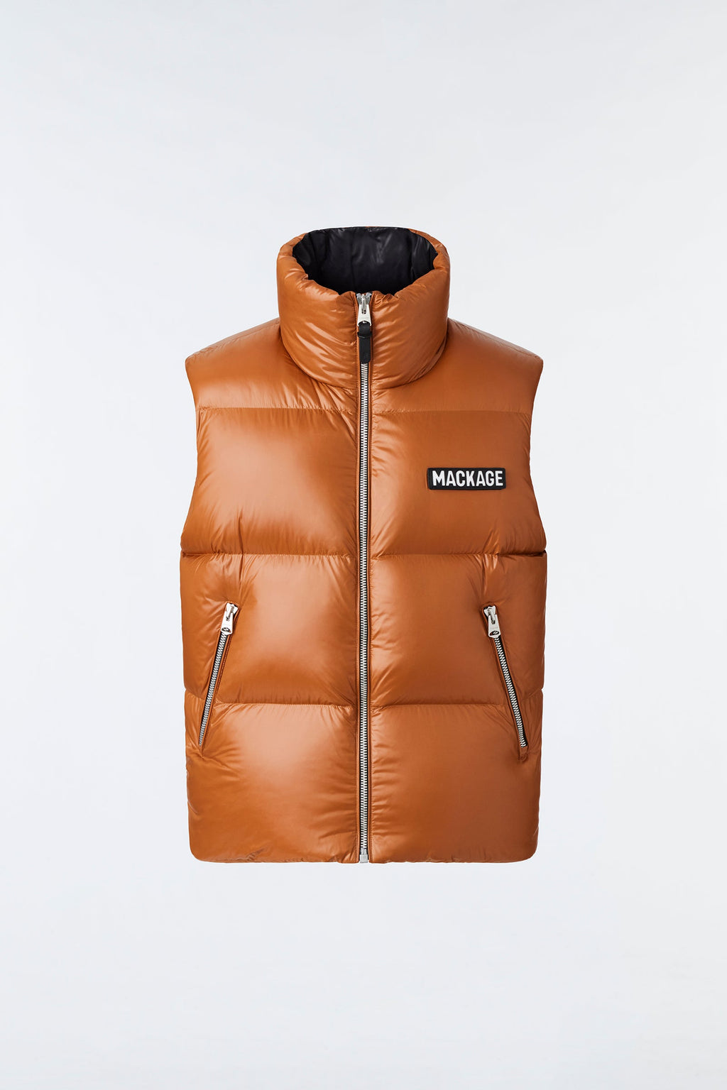 KANE lustrous light down vest with funnel collar