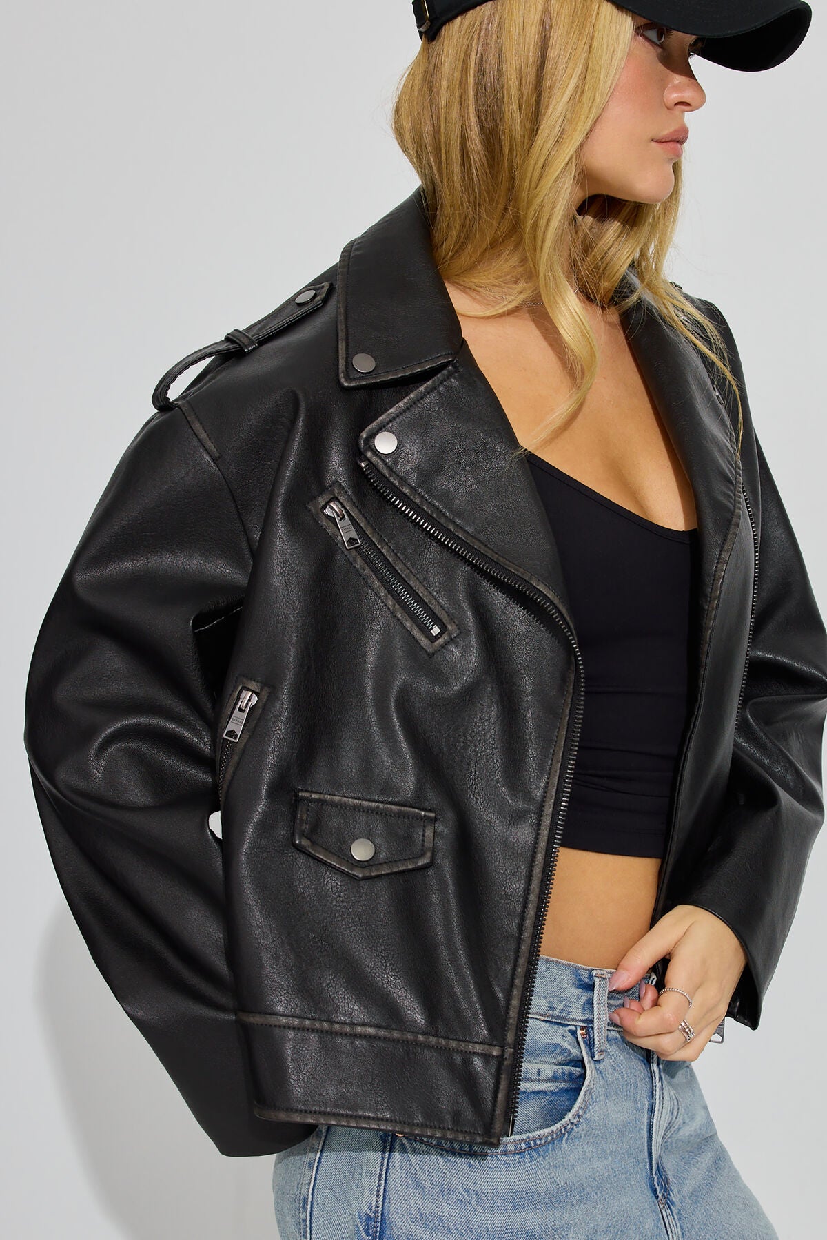 Veste de motard en similicuir délavé