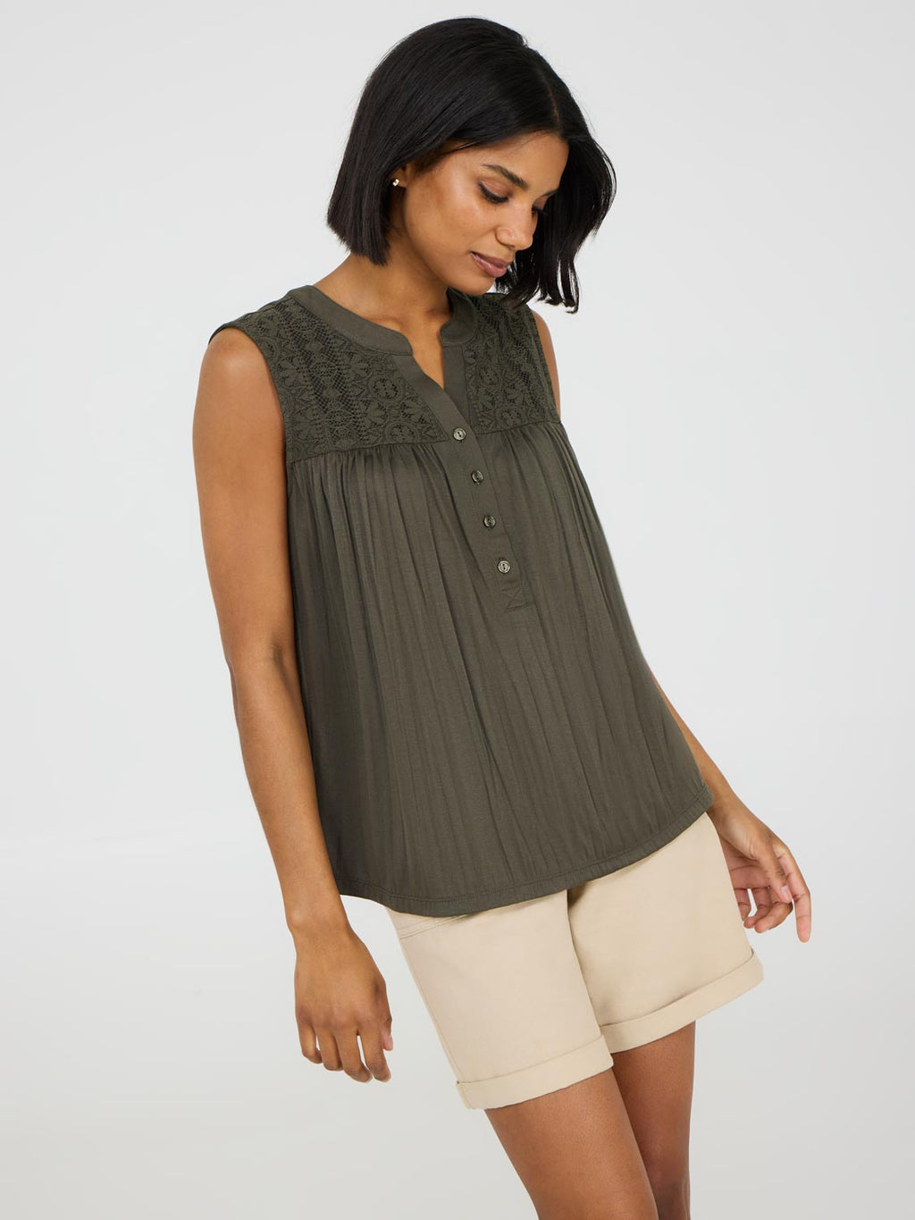 Sleeveless Henley Top With Lace Details