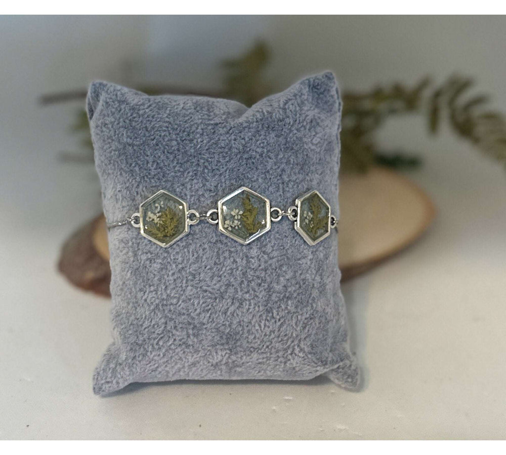 Fern Elegance: Silver Hexagon Handmade Trio Bracelet with Dried Botanicals