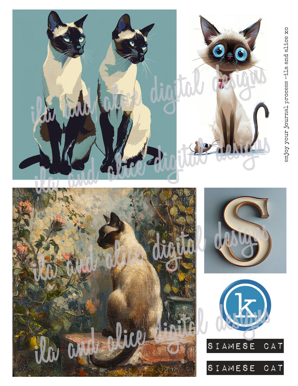 Digital Siamese Cat Junk Journal Ephemera