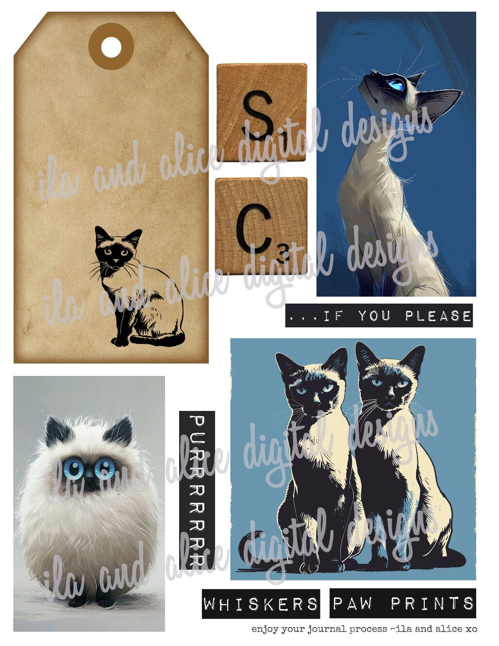 Digital Siamese Cat Junk Journal Ephemera