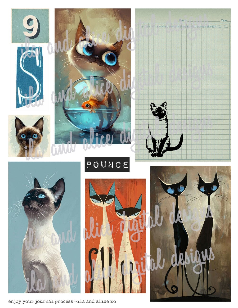 Digital Siamese Cat Junk Journal Ephemera