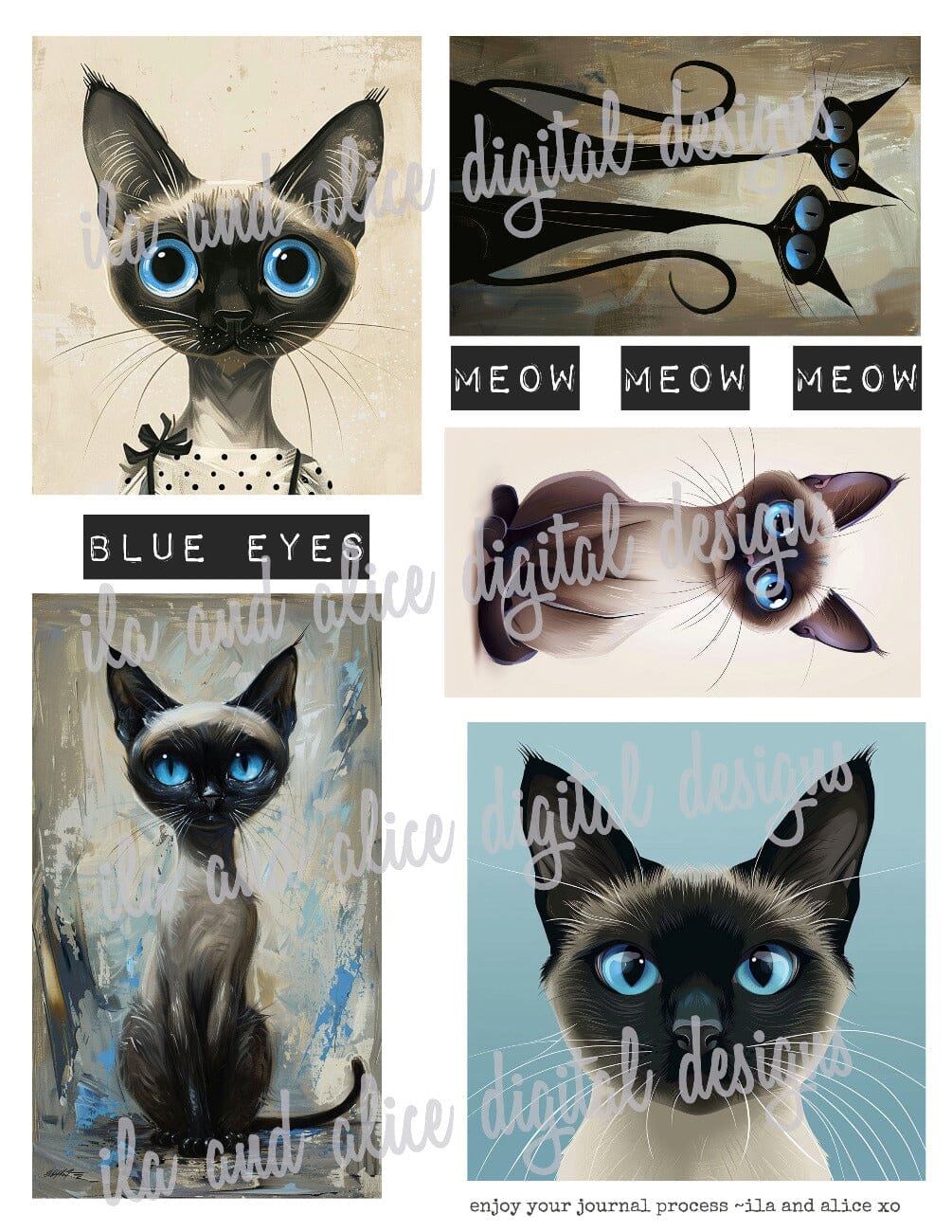 Digital Siamese Cat Junk Journal Ephemera