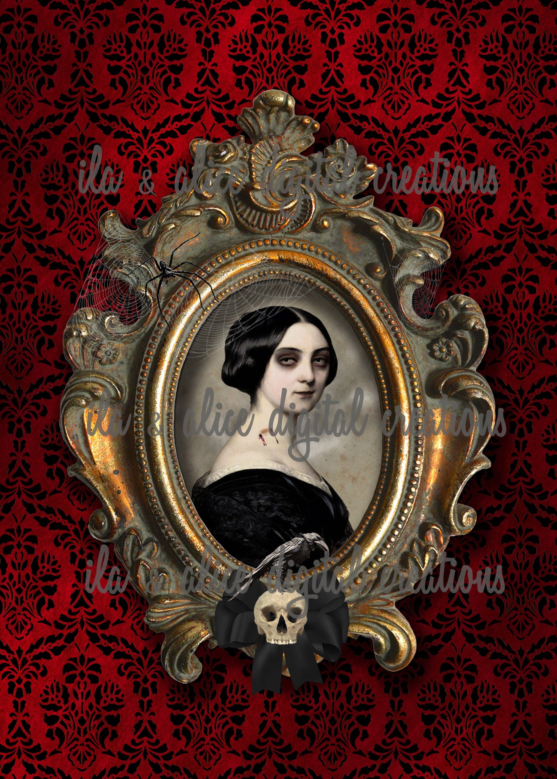 Spooky Ghoulish Women on Red Velvet Postcards