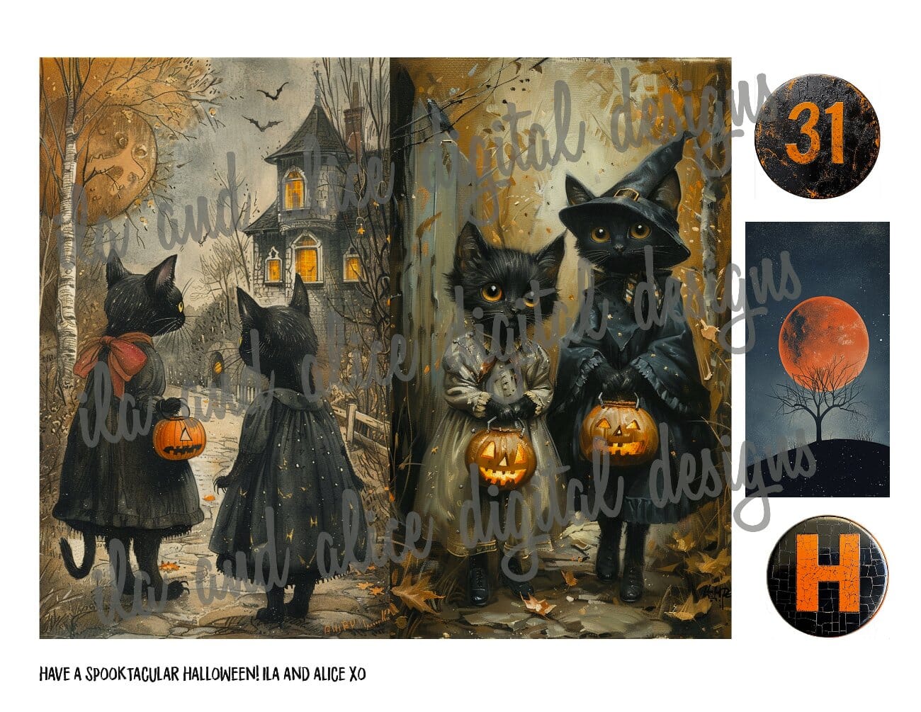 Digital Halloween Art Junk Journal Ephemera with Tags