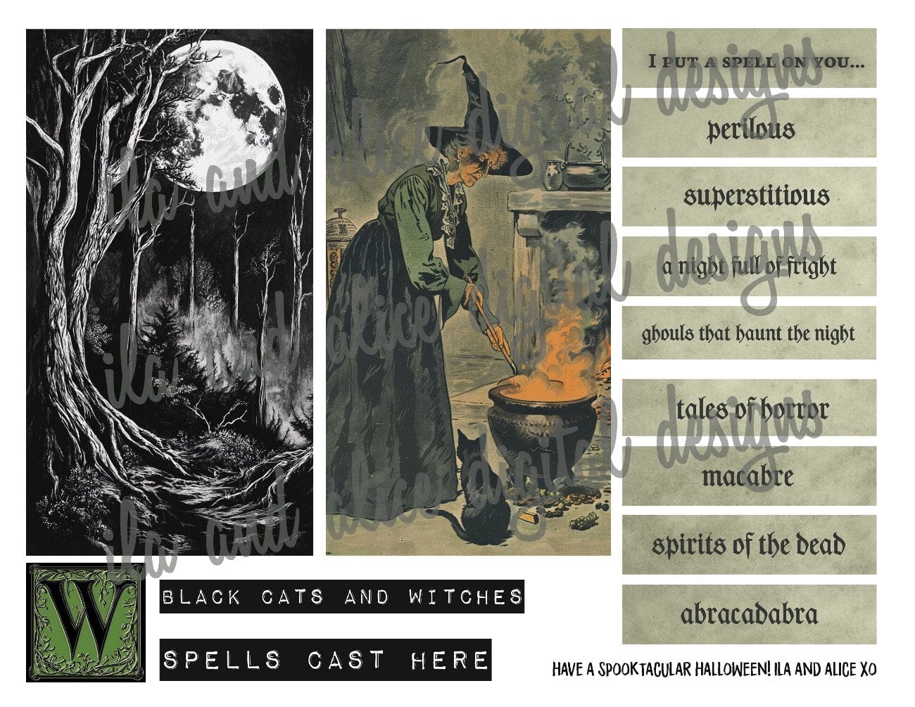 Digital Halloween Art Junk Journal Ephemera with Tags