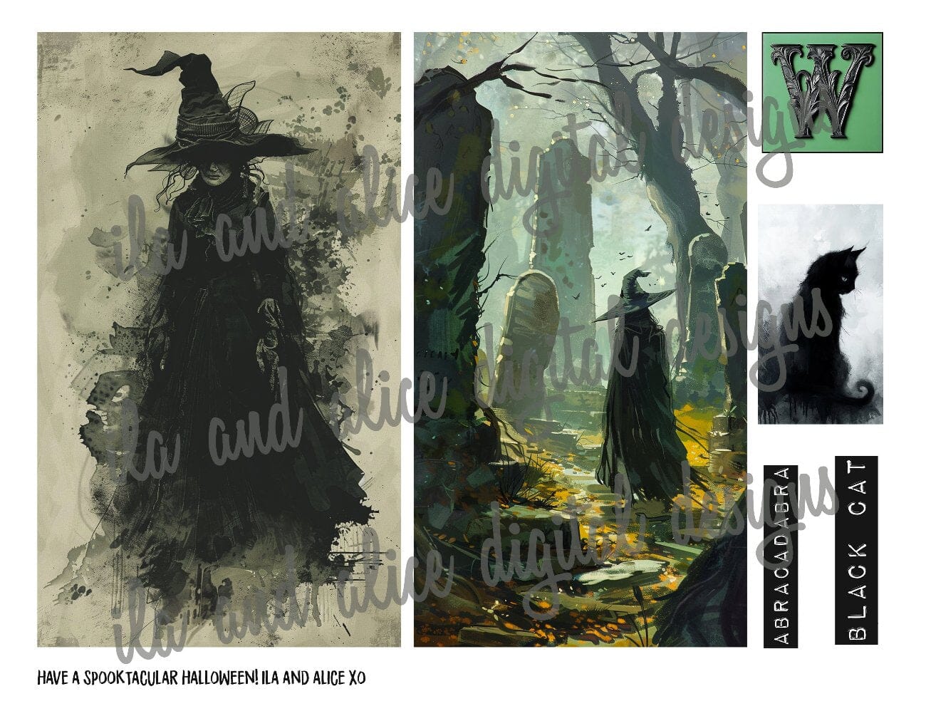 Digital Halloween Art Junk Journal Ephemera with Tags