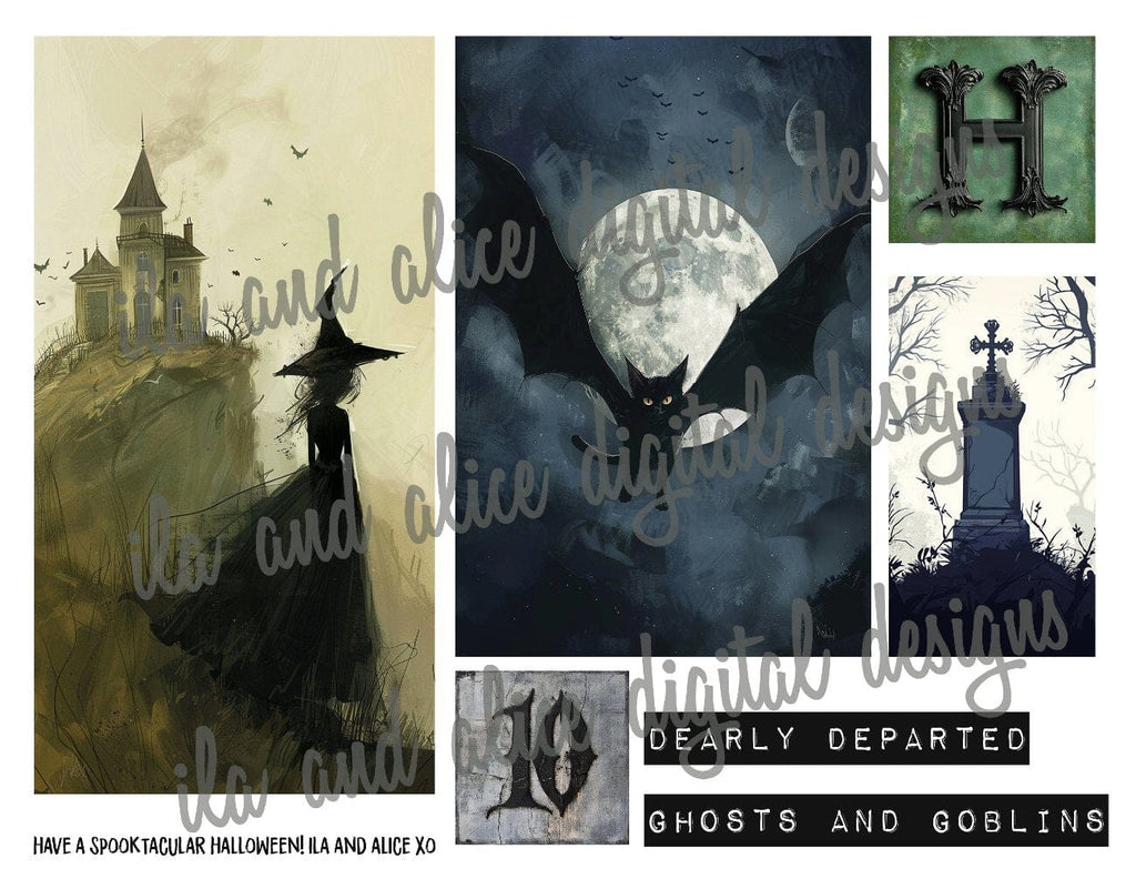 Digital Halloween Art Junk Journal Ephemera with Tags