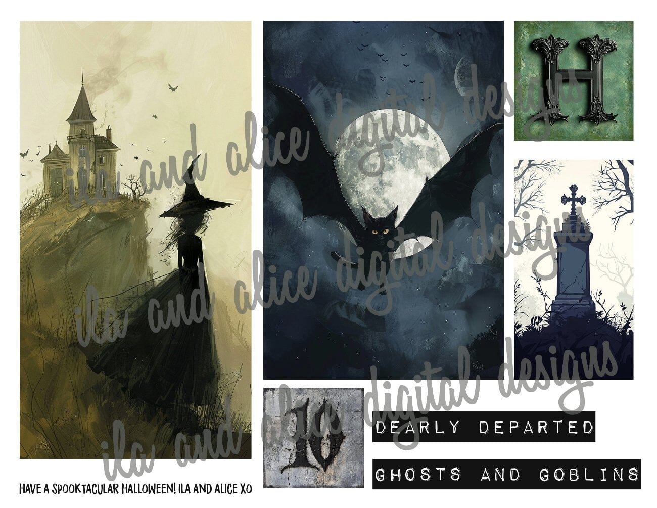 Digital Halloween Art Junk Journal Ephemera with Tags
