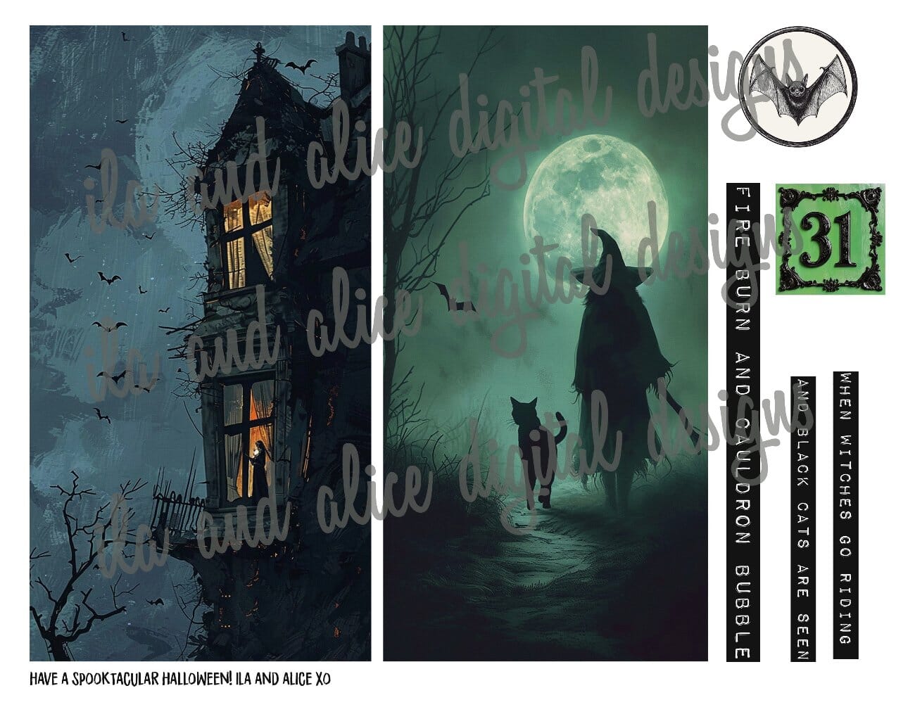 Digital Halloween Art Junk Journal Ephemera with Tags