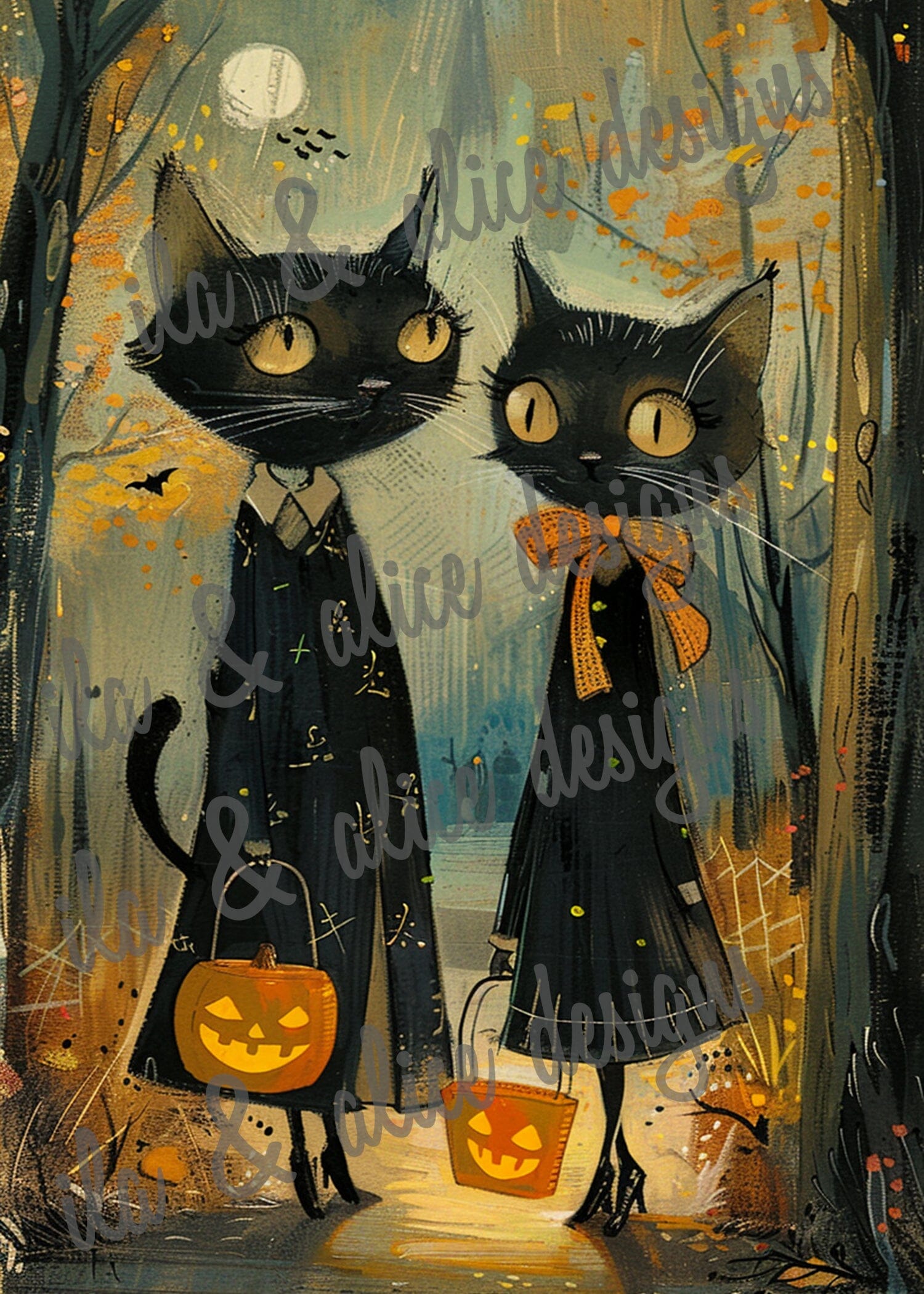 Black Cats Going Trick or Treating Halloween Postcards