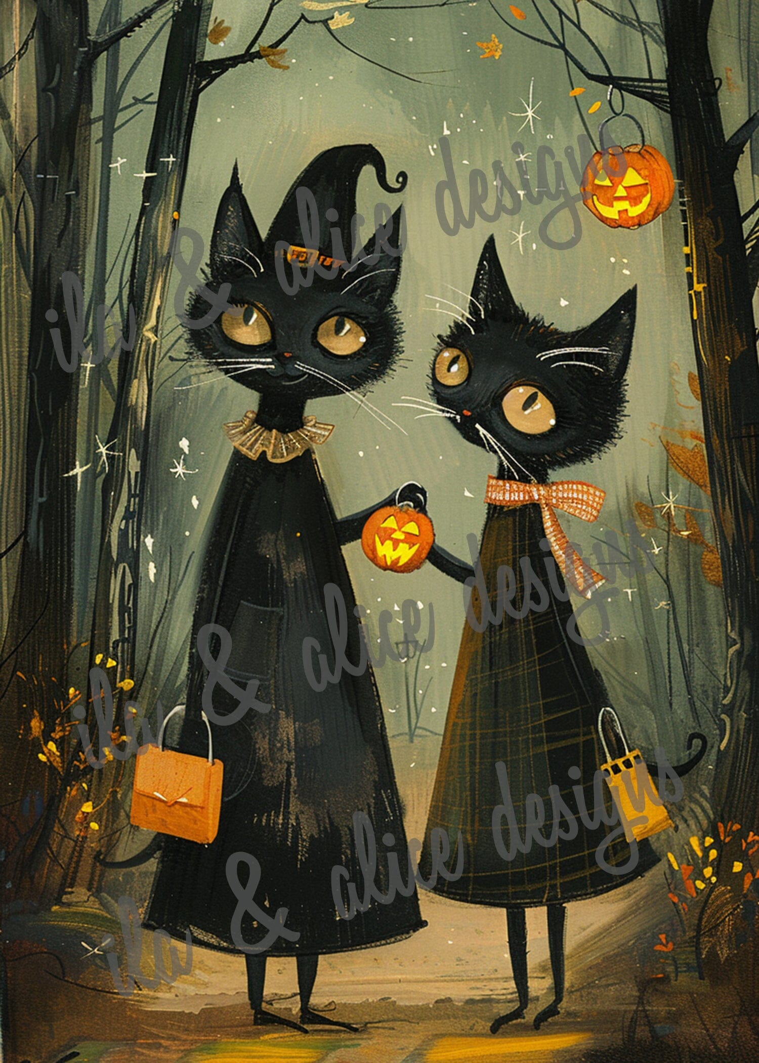 Black Cats Going Trick or Treating Halloween Postcards