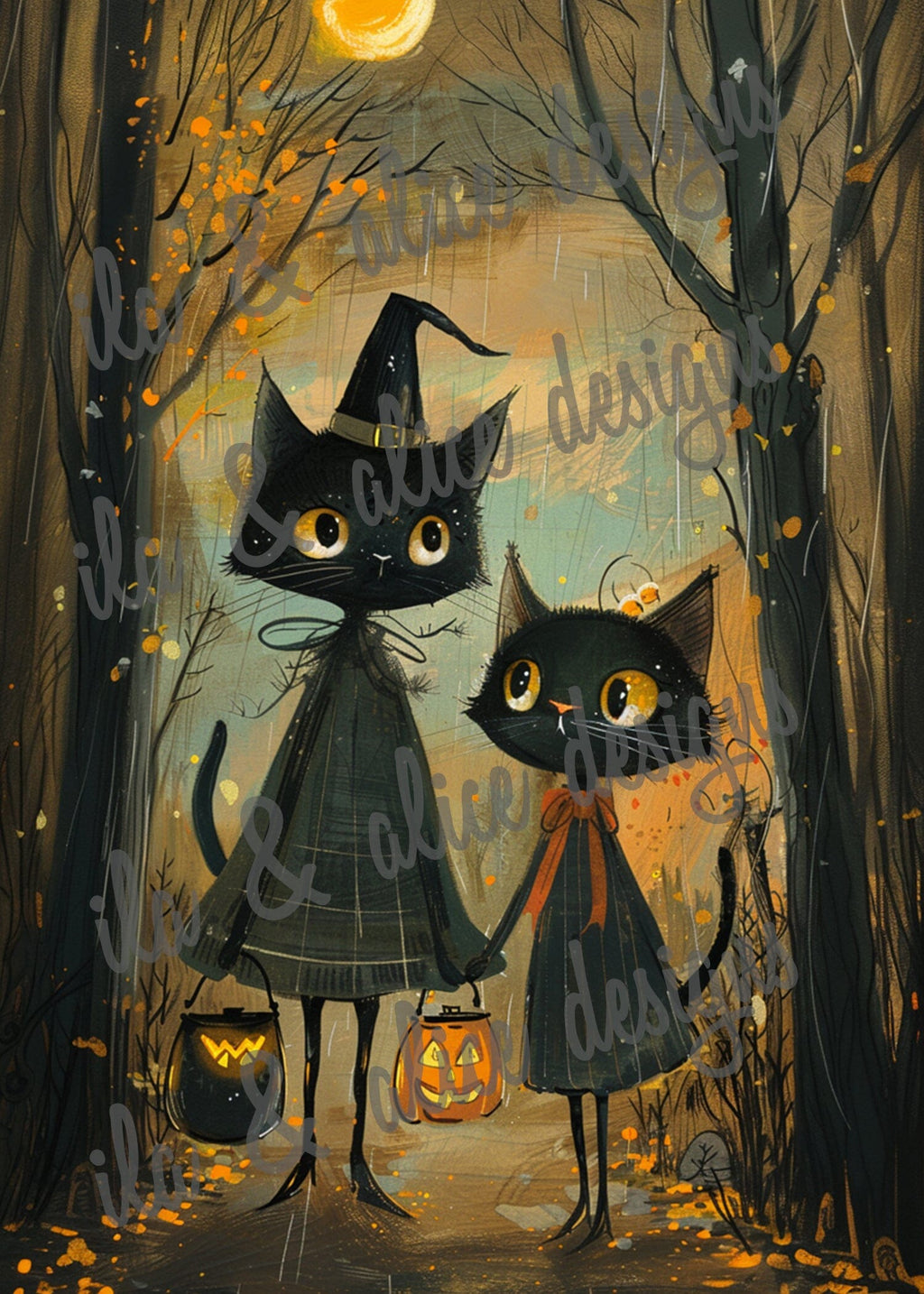 Black Cats Going Trick or Treating Halloween Postcards