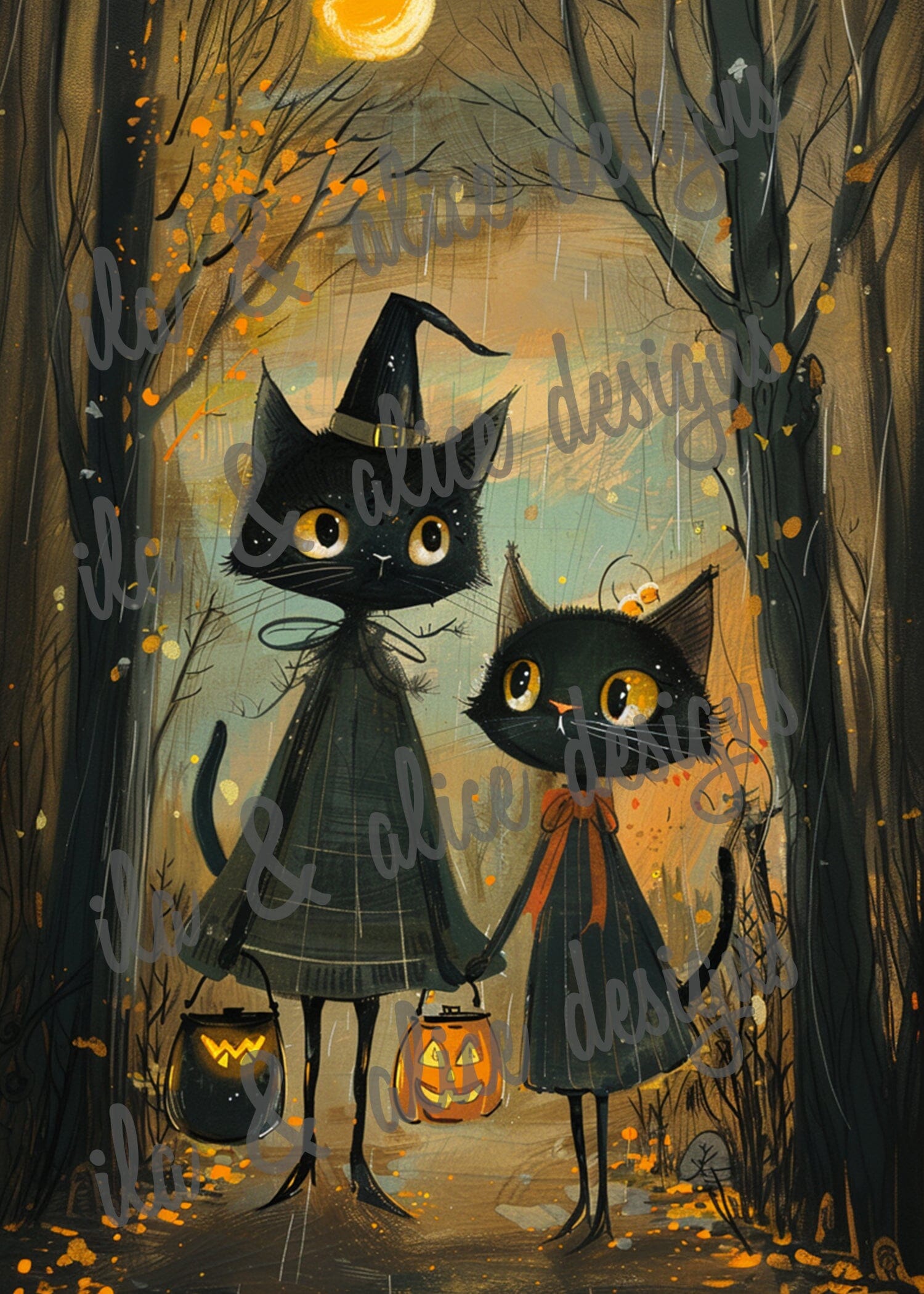 Black Cats Going Trick or Treating Halloween Postcards