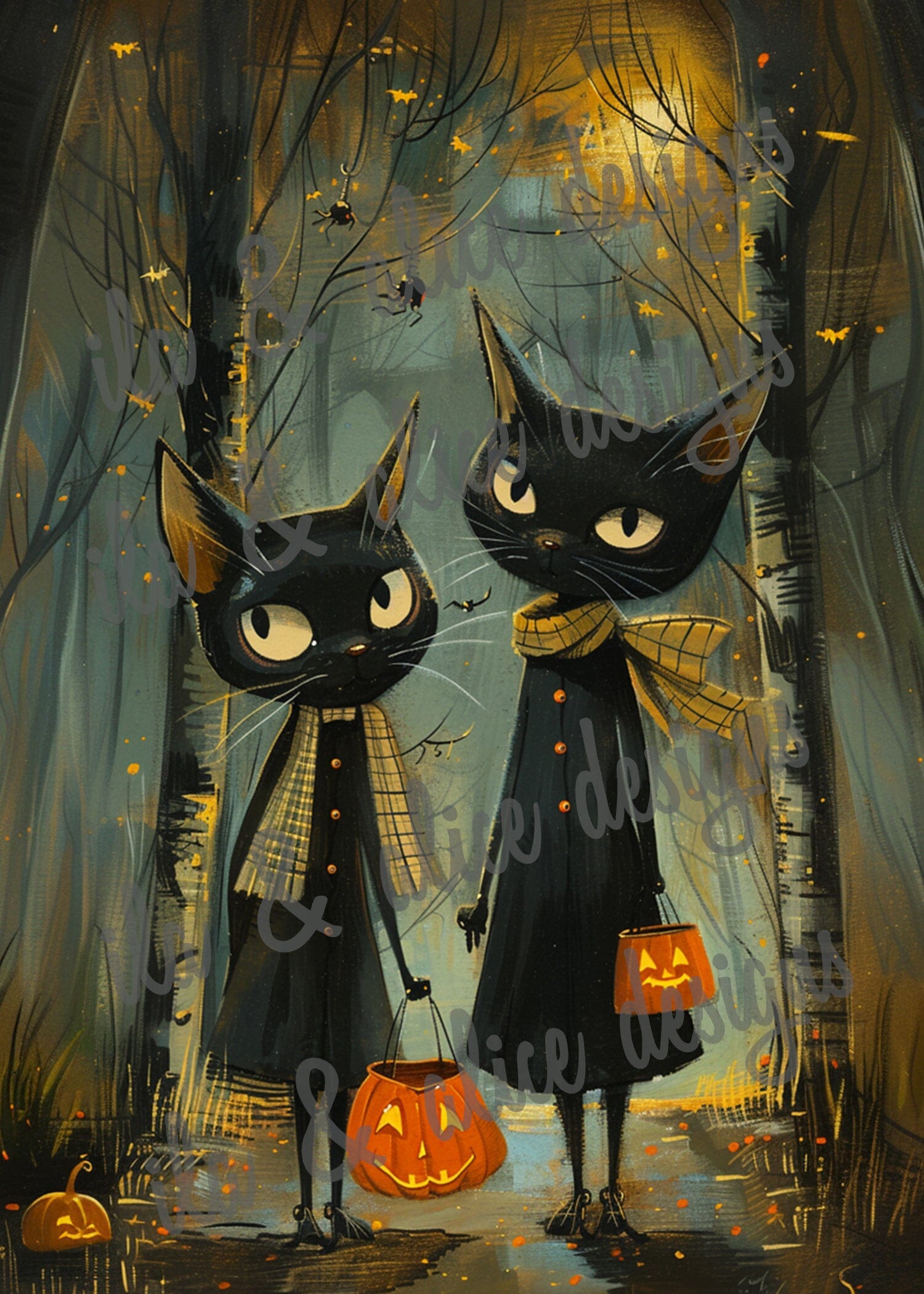 Cartes postales d'Halloween avec des chats noirs faisant la tournée des bonbons